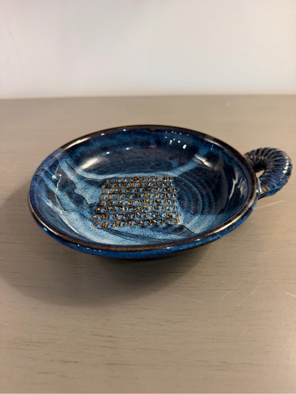 Studio Pottery Blue Ginger & Garlic Grater Dish Handle Artist Signed Drip Glaze